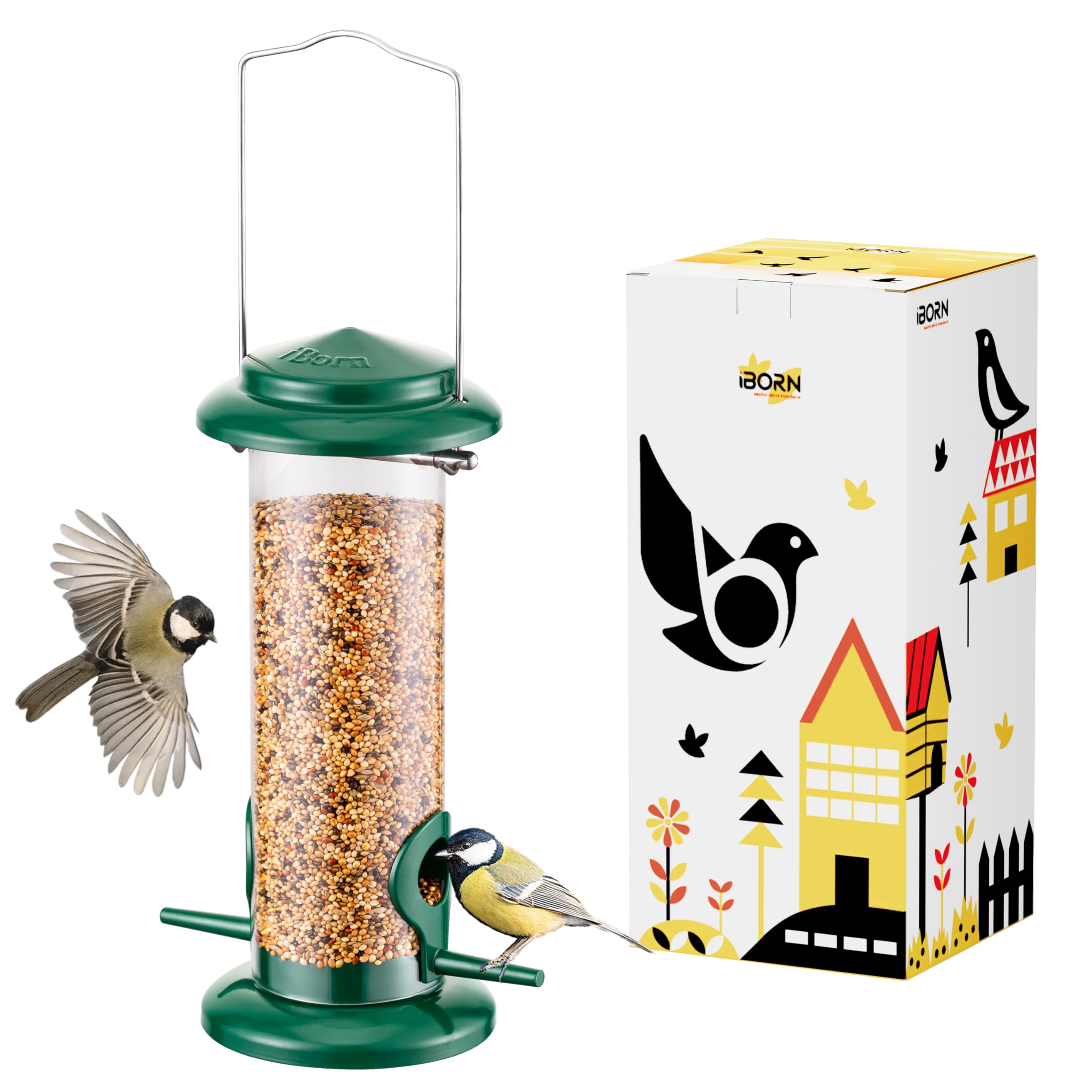 iBorn Metal Bird Feeder Hanging Wild Bird Seed Feeder for Mix Seed Blends, Niger Seed Feeder, Sunflower Heart, Birdbath, Heavy Duty All Metal Green Finishing, Green 8 Inch