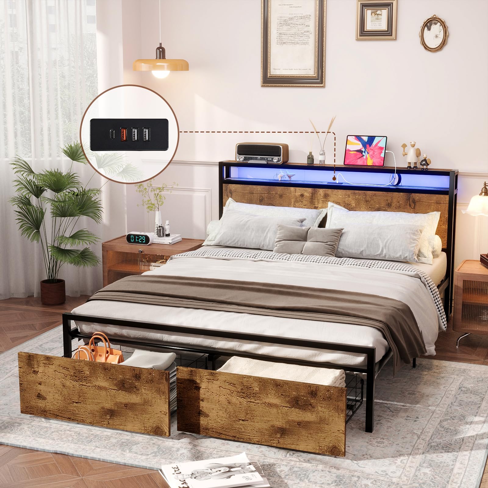 Photo 1 of Kiivakii Bed Frame Queen Size with Charged Headboard, Platform Metal Bed with 2 Drawers Storage, RGB LED Lights, Noise-Free No Box Spring Needed, Rustic Brown