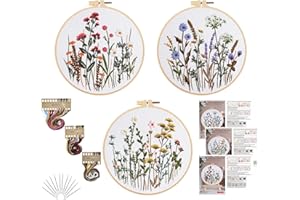GLTAYLMY Flower Embroidery Kit for Beginners with Pattern and Instructions,3 Pack Cross Stitch Kits,1 Plastic Embroidery Hoops,Threads and Needles,Needlepoint Kit for Adults