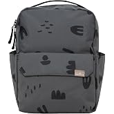 Mini Roo Diaper Bag Backpack, Charcoal Doodle Baby Bag - 6 Pocket Daily Use | Small diaper bag backpack for baby essentials, laptop space, bottle pockets, magnetic closure, and charcoal doodle fabric bag