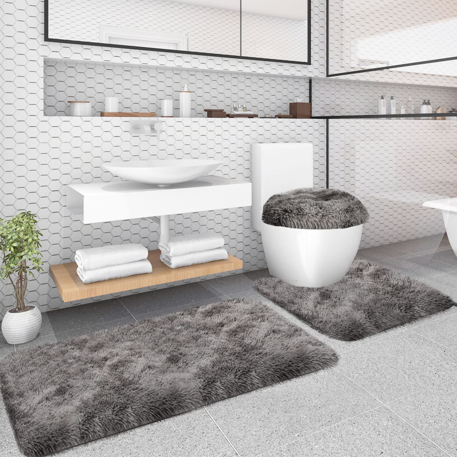 Photo 1 of Sunhop Grey Bathroom Rug Set 3 Pieces, Bath Mat, Contour Mat and Toilet Seat Cover, Super Long Soft Water Absorbent Non Slip Bath Mats for Bathroom Floor, Tub and Shower Room, Machine Washable