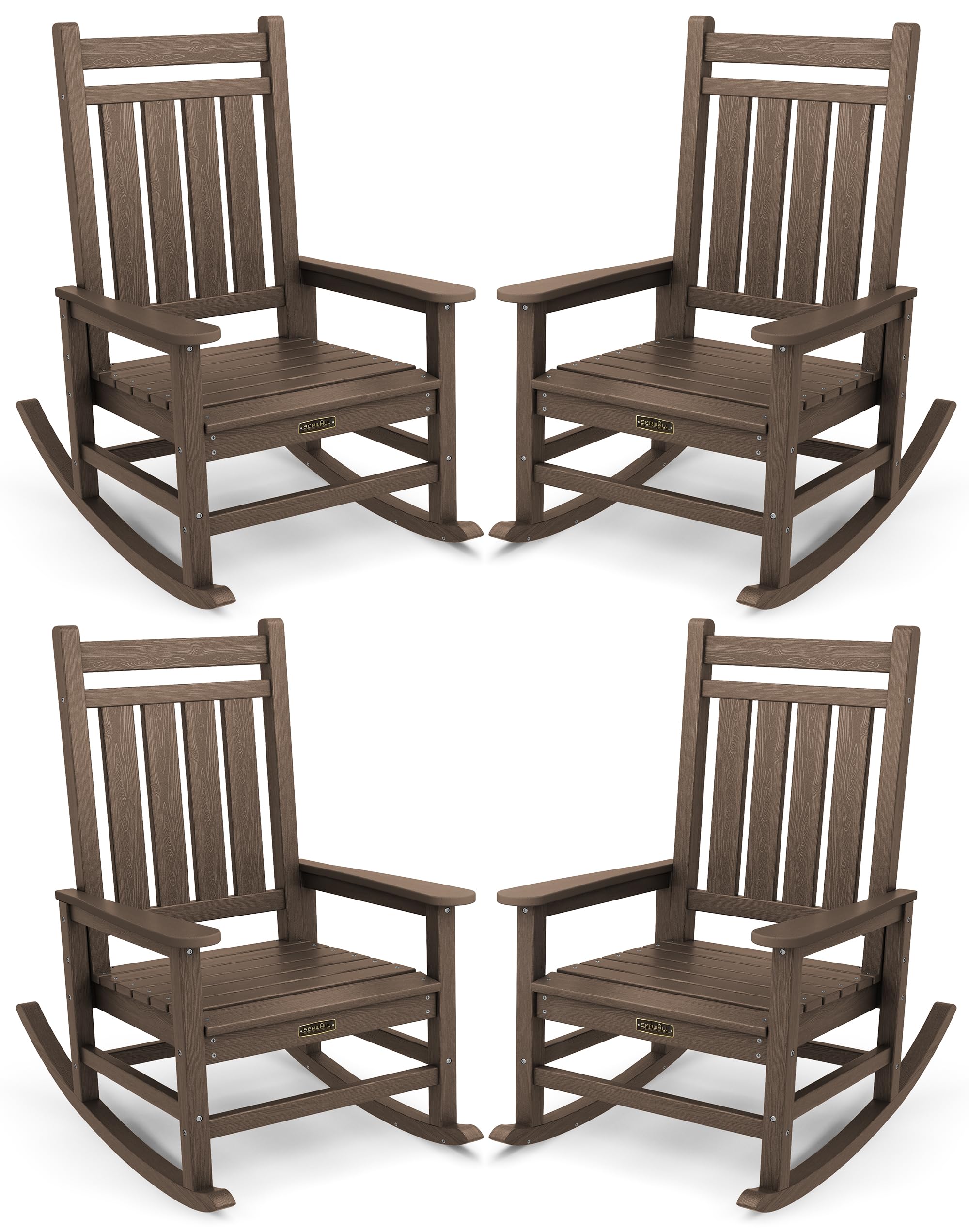 SERWALL Oversized Outdoor Rocking Chair Set of 4, HDPE Rocker for Adults, Patio Rocking Chairs for Porch, Coffee Image