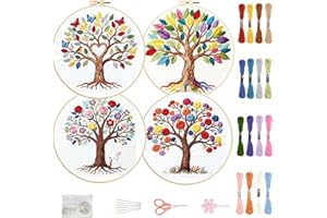 FREEBLOSS 4 Set Embroidery Kit Tree of Life Stamped Embroidery Starter Kit with Step By Step Instructions, Colored Threads, 2
