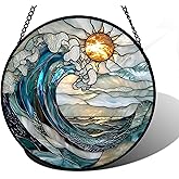DASTOLL Stained Glass Window Hanging, Blue and White Waves Suncatcher Diamond Glass Panel Landscape Sun Catchers Decor for Birthday for Women, Men, Wife, Aunt, and Mom 6.3 x6.3 in