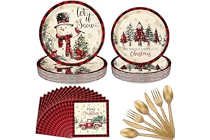Umigy 96 Pcs Christmas Paper Plates and Napkins Set Let Is Snow Snowman Disposable Plates Napkins Forks Red and Black Plaid Disposable Dinner Tableware for Xmas Party Supplies Table Decor, Serve 24