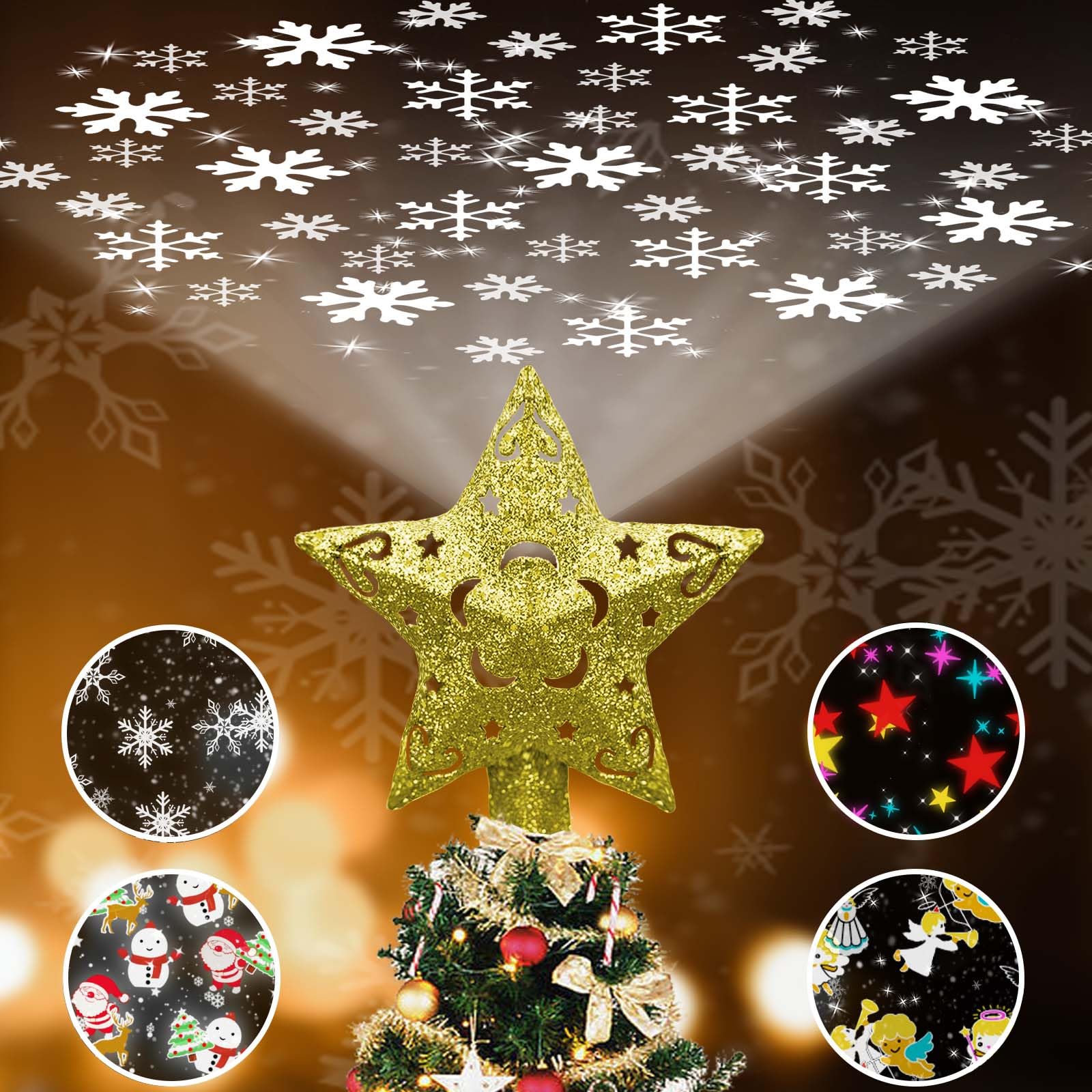 Photo 1 of Christmas Tree Topper with 4 Projection Modes, Christmas Star Tree Topper with Built-in LED Rotating Lights, Gold Star 3D Fun Projection for Xmas Party Holiday Decorations
