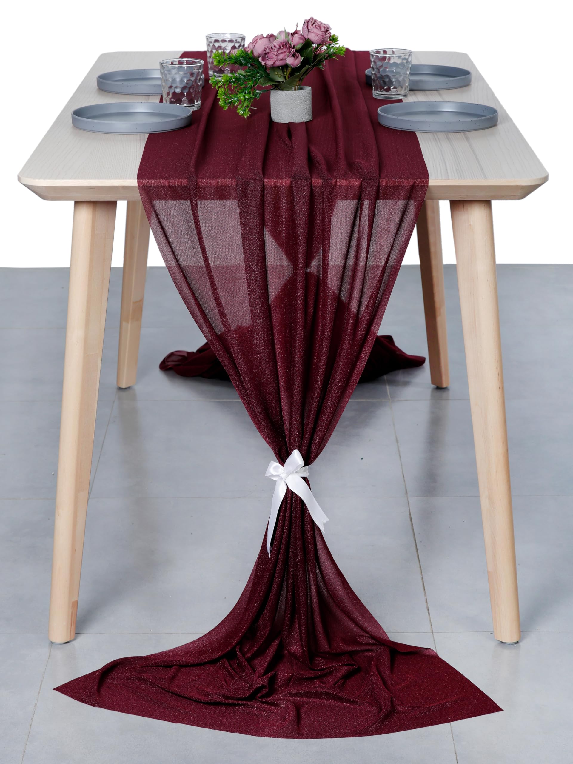 Photo 1 of VDS 14ft Chiffon Table Runner 29x170 Inches Shimmer Sheer Centerpiece Cloth for Wedding Bridal Shower Birthday Graduation Engagement Ceremony Event Party Banquet Table Decoration (6 PC)(Burgundy)