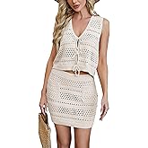Women's Crochet Swimsuit Cover Up 2 Piece V Neck Sleeveless Knit Vest Crop Top Mini Skirt Sets Beach Vacation Outfits