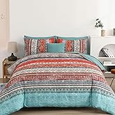 Cottolester Boho Queen Comforter Set 8 Pieces, Terracotta Comforter Bohemian Striped Bed in A Bag,Soft Microfiber Bedding Set for All Seasons