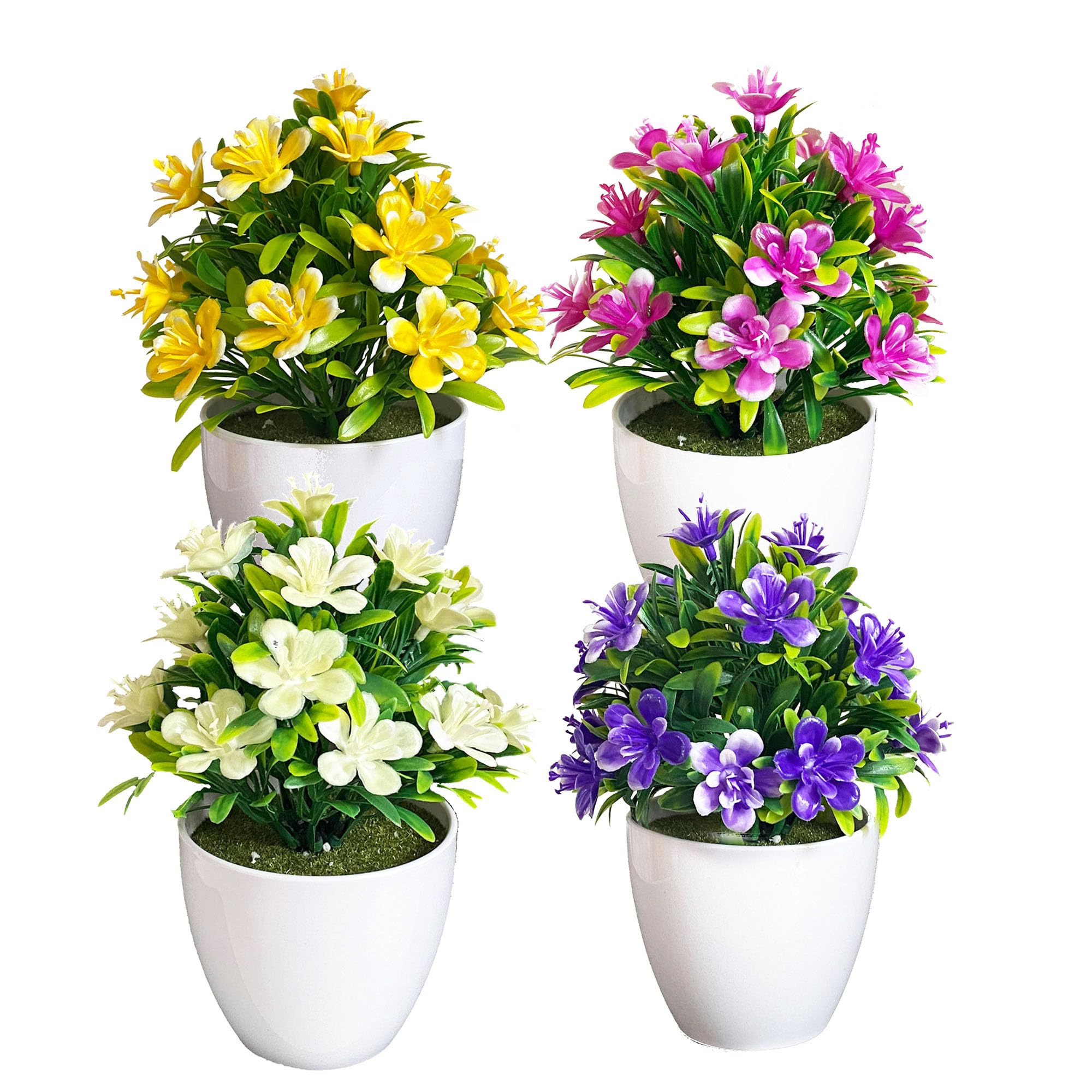 LuckyCao 4 Pcs Artificial Flowers Plants Potted Mini Fake Plants with Pot Plastic Faux Potted Plants for Uv Resistant Artificial Plants Indoor Outdoor For Room Decor Home And Garden Decor