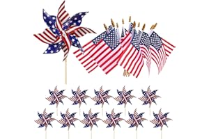 HOOSUN American Flags Patriotic Pinwheels,24 Pack American Flags Decorations Small USA Flags On Stick With Yard USA Pinwheels,Red White And Blue Veterans Day Decorations For Patriotic Party Supplies