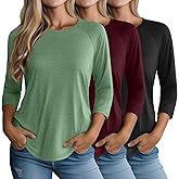 Ficerd 3 Pack 3/4 Sleeve Tops for Women Crew Neck Raglan Sleeve Basics Tees Loose Fit Casual Top Curved Hem Tunic T Shirt