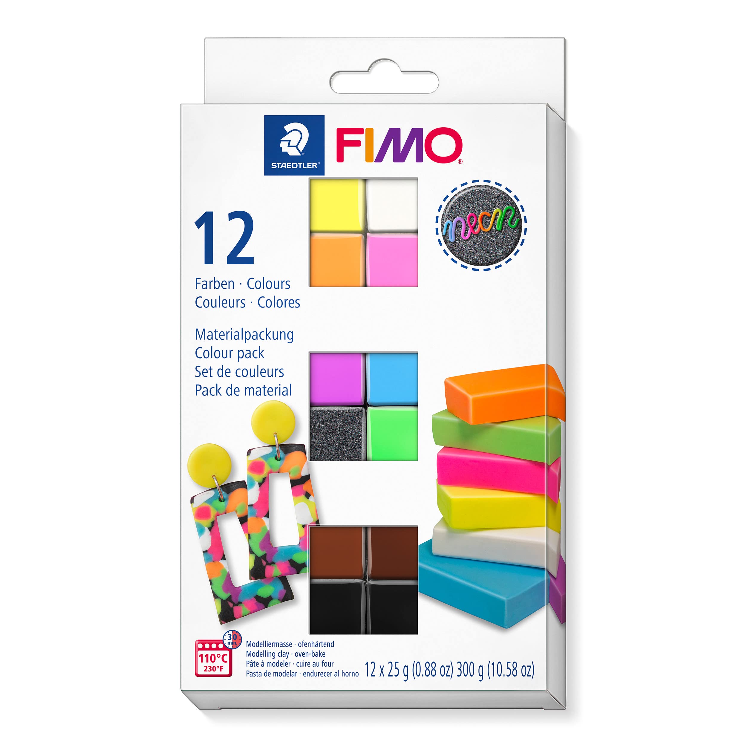 STAEDTLER 8013 C12-3 FIMO Effect Oven-Hardening Polymer Modelling Clay - Neon, Assorted Colours (Pack of 12 x 25g Half Blocks) — image 1
