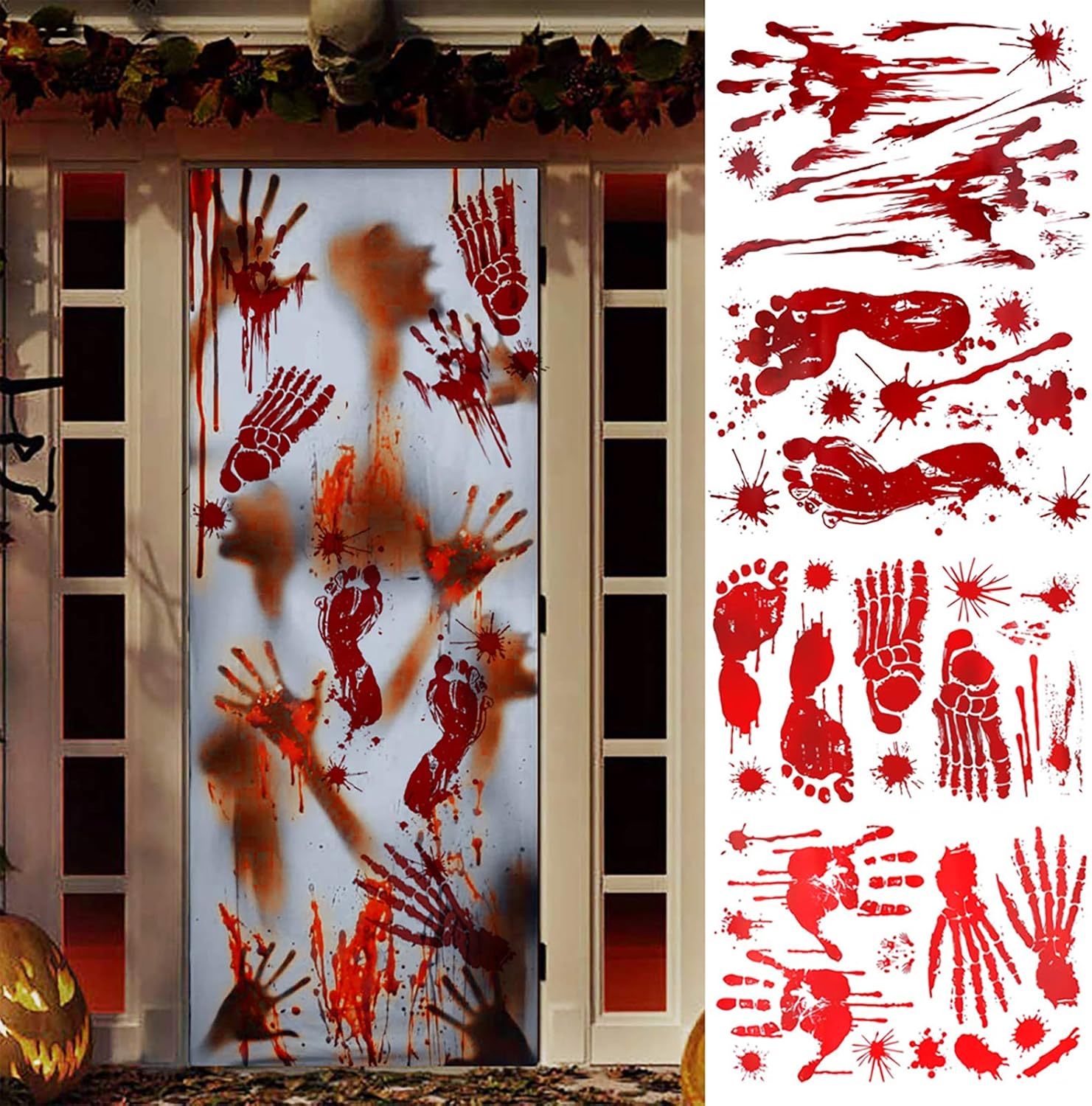 KHDZ Halloween Decorations Bloody Handprint Footprint, 112 PCS Halloween Window Clings Decal Zombie Party Decor Spooky Floor Stickers for Halloween Party Supplies