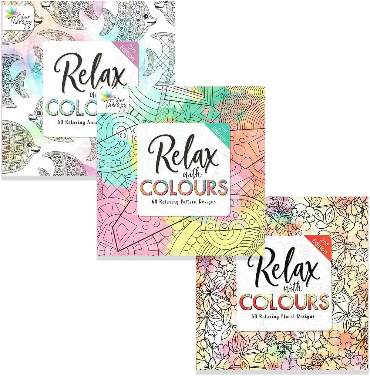 Styloo Adult Colouring Books, Set of 3 Books, 180 Designs – Animal, Floral, and Pattern Illustrations – Mindfulness and Relaxing Drawing Pad - Series 2