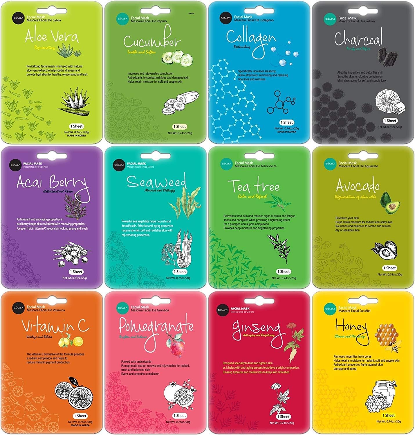 5 SETS-60PCS Celavi Collagen Facial Face Mask (12-Sheets) Classic Korean Skincare | Lighten, Moisturize, Tighten Skin | Diminish Dark Spots & Circles | Whiten, Brighten, Balance Pigmentation