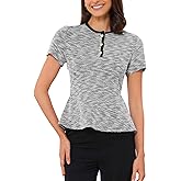 Allegra K Tweed Top for Women's Elegant Plaid Crew Neck Short Sleeve Office Work Peplum Blouses