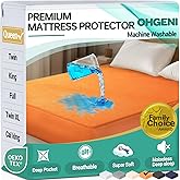 OhGeni 100% Waterproof Mattress Protector, Queen Size Orange, Fitted Sheet with Deep Pockets, 6''-18'', Premium Noiseless Breathable Soft Material, Mattresses Cover for Bed