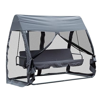 Outsunny Hollywoodschaukel Schaukelbank Gartenliege 3-Sitzer mit Seitenwänden Grau 240x140x197cm