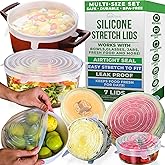 Reusable Silicone Stretch Lids for Food Storage in Fridge - Elastic Heat-Resistant Bowl Covers, Cups, Cans, Jars - Universal Food Grade Lid for Round and Rectangle Containers - Dishwasher Safe -7 Pack