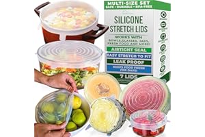 BASIC HAUS Reusable Silicone Stretch Lids for Food Storage in Fridge - Elastic Heat-Resistant Bowl Covers, Cups, Cans, Jars - Universal Food Grade Lid for Round and Rectangle Containers - Dishwasher Safe -7 Pack