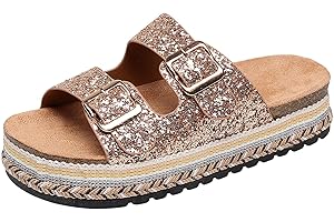 JIOMIJIOMI Womens Sandals Cork Footbed Slide Comfortable Summer Beach Shoes Platform Suede Leather with Arch Support Slippers Adjustable Buckle Rubber Sole