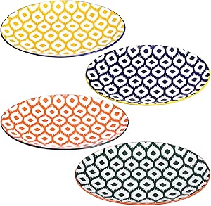 Miicol Ceramic Dinner Plates Set of 4, Porcelain Serving Dishes for Salad, Pasta, Patisserie, Dessert, Fruit, Microwave, Dishwasher & Oven Safe, Assorted Patterns, 8.25 inches Plates Set