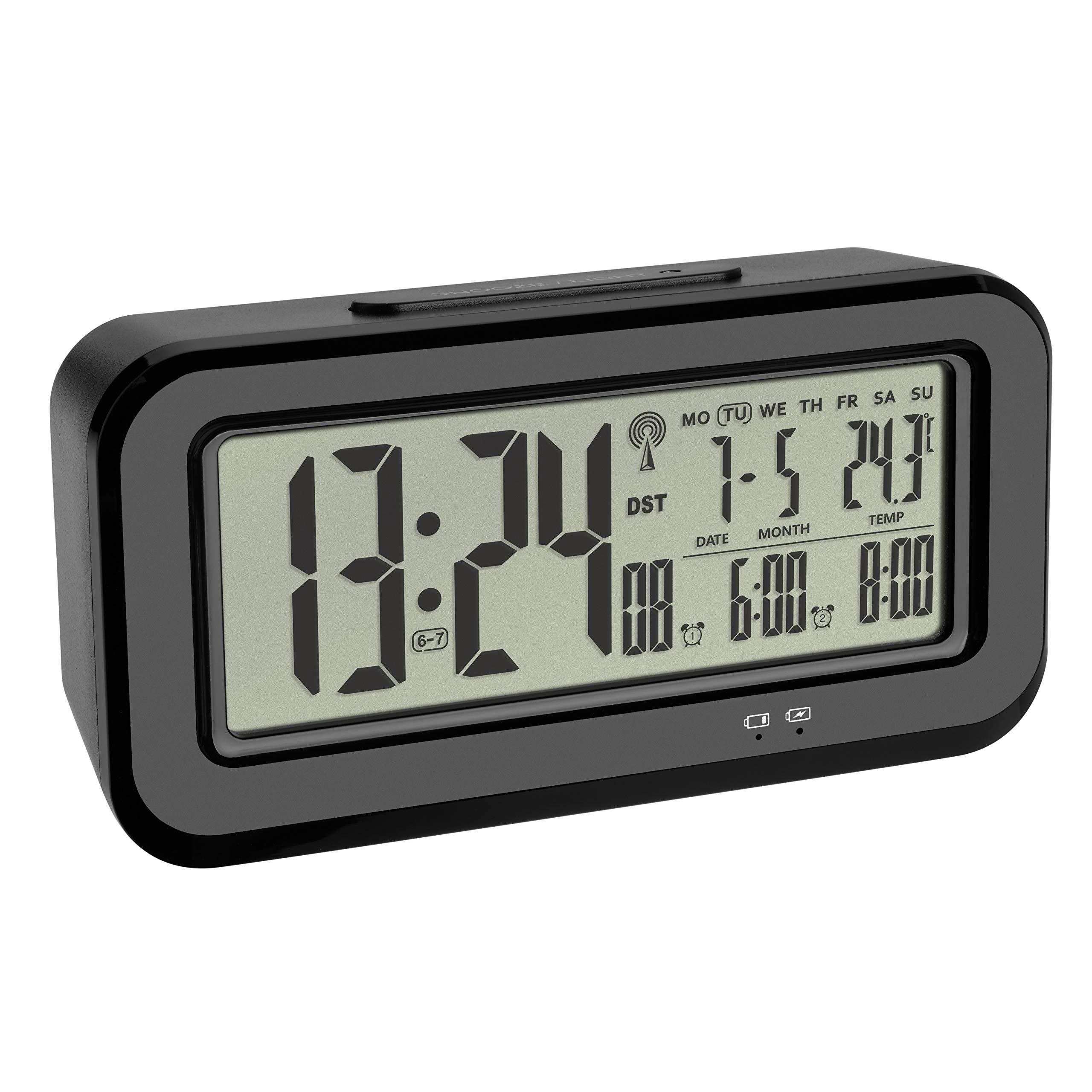 TFA Dostmann Boxx Digital Wireless Alarm Clock with Indoor Temperature USB Rechargeable Plastic Black L 142 x W 45 x H 73 mm
