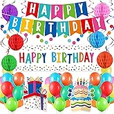 Happy Birthday Decorations Kit: Happy Birthday Banner,Birthday Dots Design Plastic Backdrop, Circle Confetti Garland, Swirl Streamers, Honeycomb Balls & Party Balloons - Table Centerpiece Set
