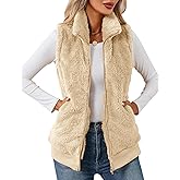 LOMON Womens Fuzzy Fleece Vest, Casual Warm Sleeveless Zip Up Sherpa Vest Jacket with Pockets for Fall/Winter