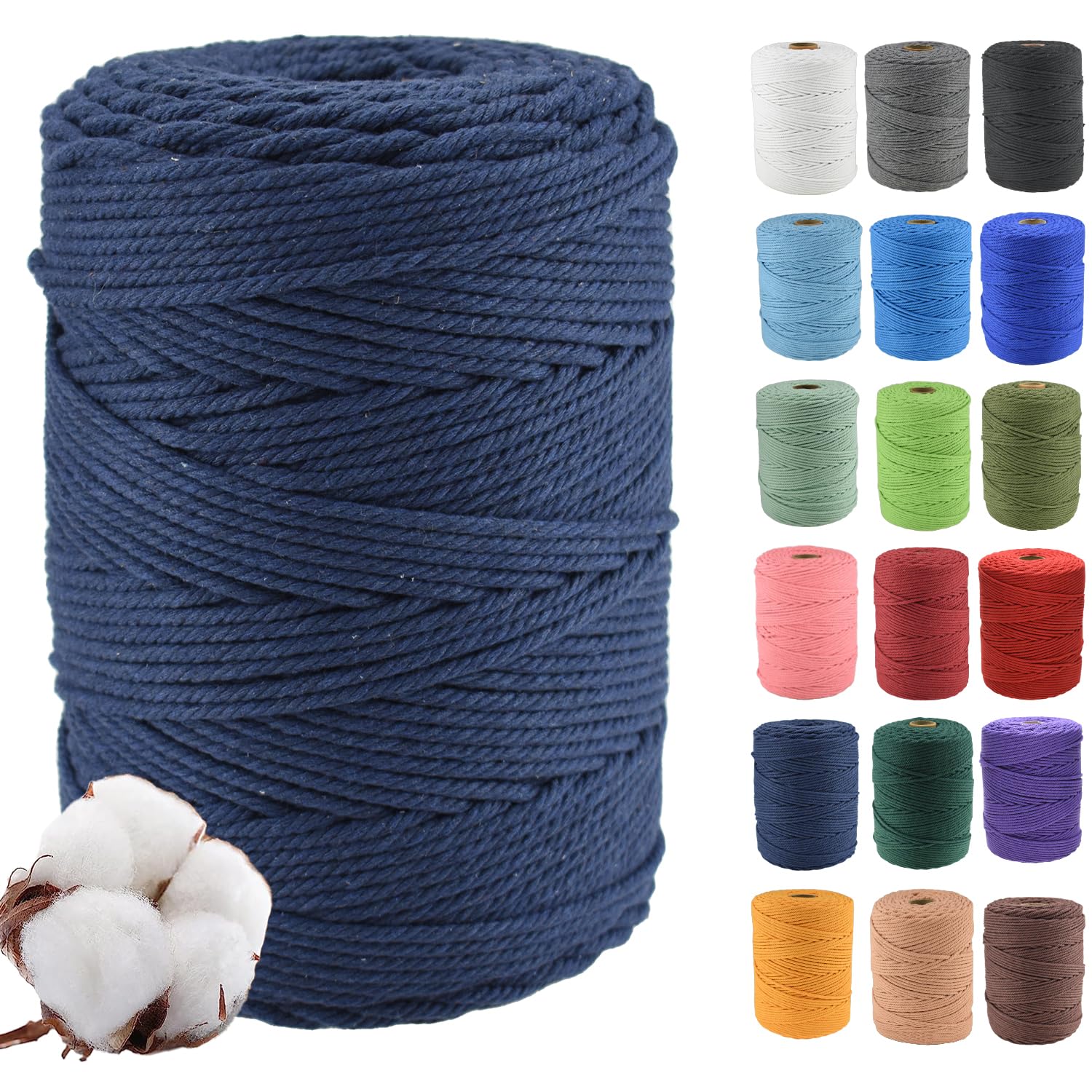 Klhamky 3mm×500m Macrame Cotton Cord, Soft 4 Strand Twisted 100% Natural Cotton for Handmade Wall Hanging, DIY, Craft Making, Knitting, Plant Hangers, Decorative Projects (3mm×500m, Navy Blue) — image 1