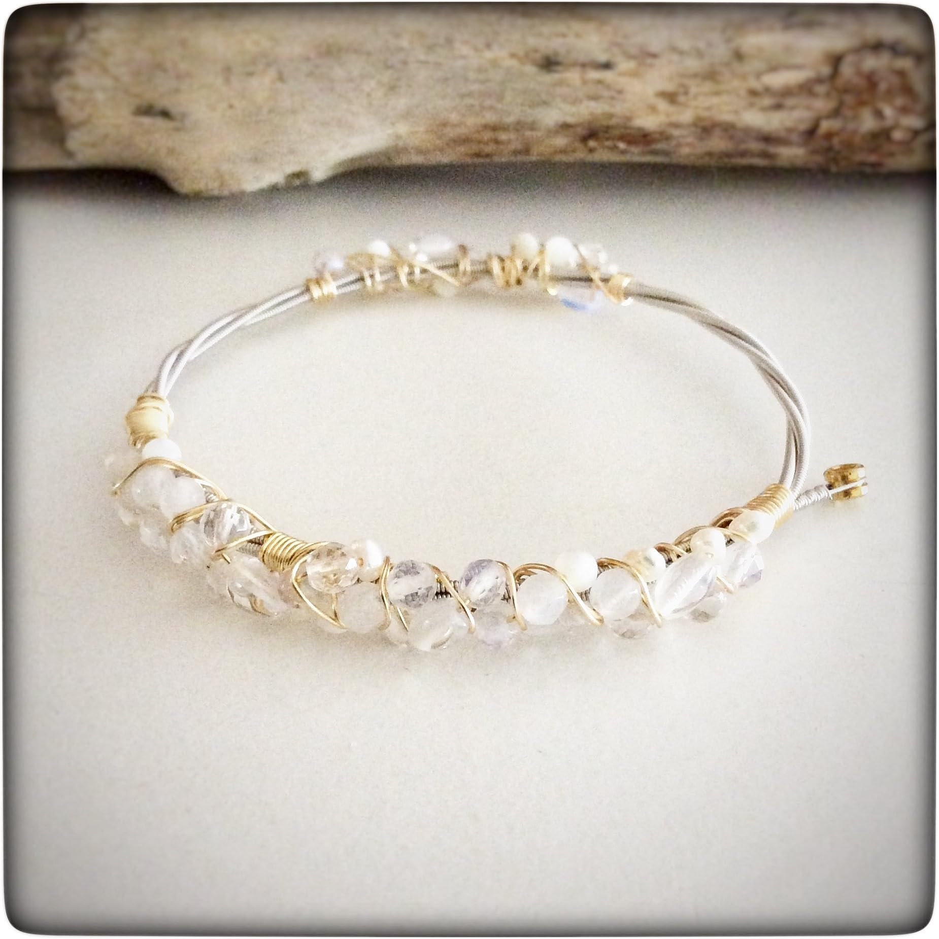 Musically Inspired Wire Wrapped Guitar String Bangle Bracelet - Quartz - Moonstone - Freshwater Pearl - Mother of Pearl - Stackable - Eco Chic - Ready to ship