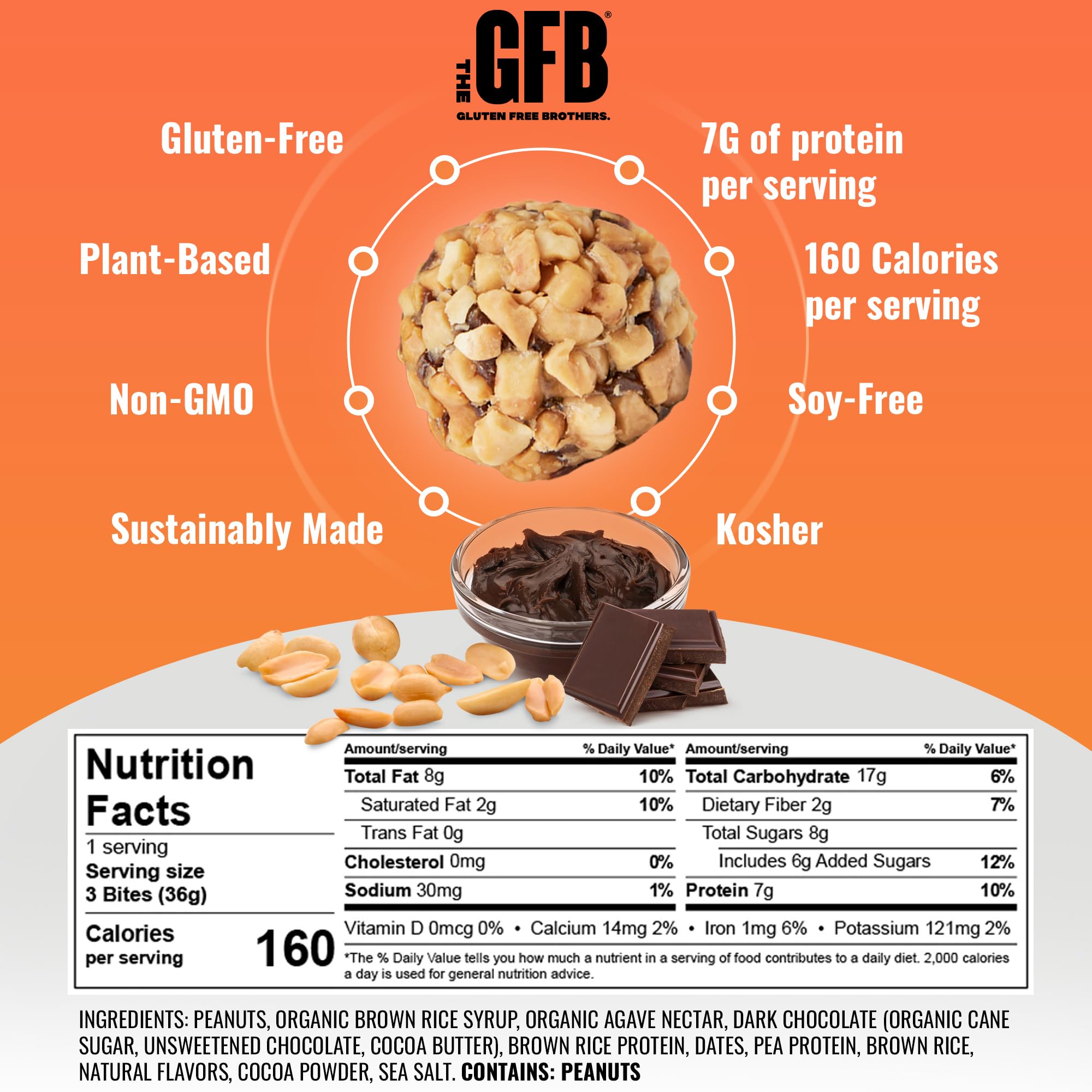 The Gluten Free Brothers Dark Chocolate Peanut Butter Bites - Gluten Free Protein Balls – Non GMO, Soy Free, Vegan – Snack Size Plant Based Protein Energy Balls, 1.2 oz (10 Count)