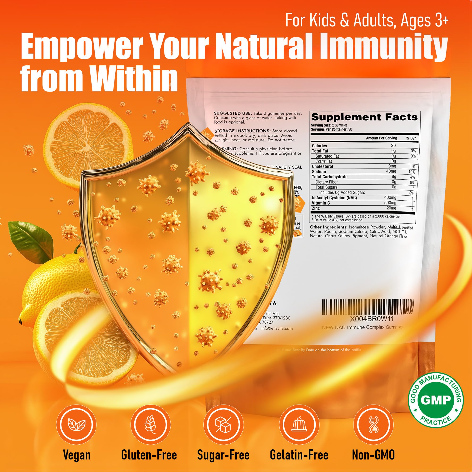 Sugar-Free NAC Gummies (Immune Support Complex) N-Acetyl Cysteine, Vitamin C & Zinc - Supports Respiratory Health, Liver Detox & Cleanse, Kidney Function, NAC Supplement for Kids and Adults - Vegan