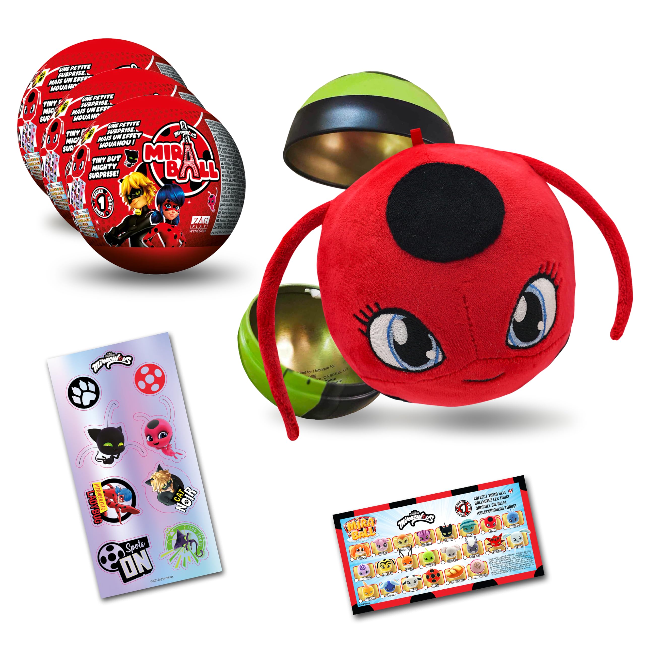Miraculous Ladybug, 4-1 Capsule Collectible Toy, [PACK OF 3], Surprise Miraball with expanding Plush Kwami, Collectible Character Metal Case, Glittery Stickers & hanging Display Ribbon