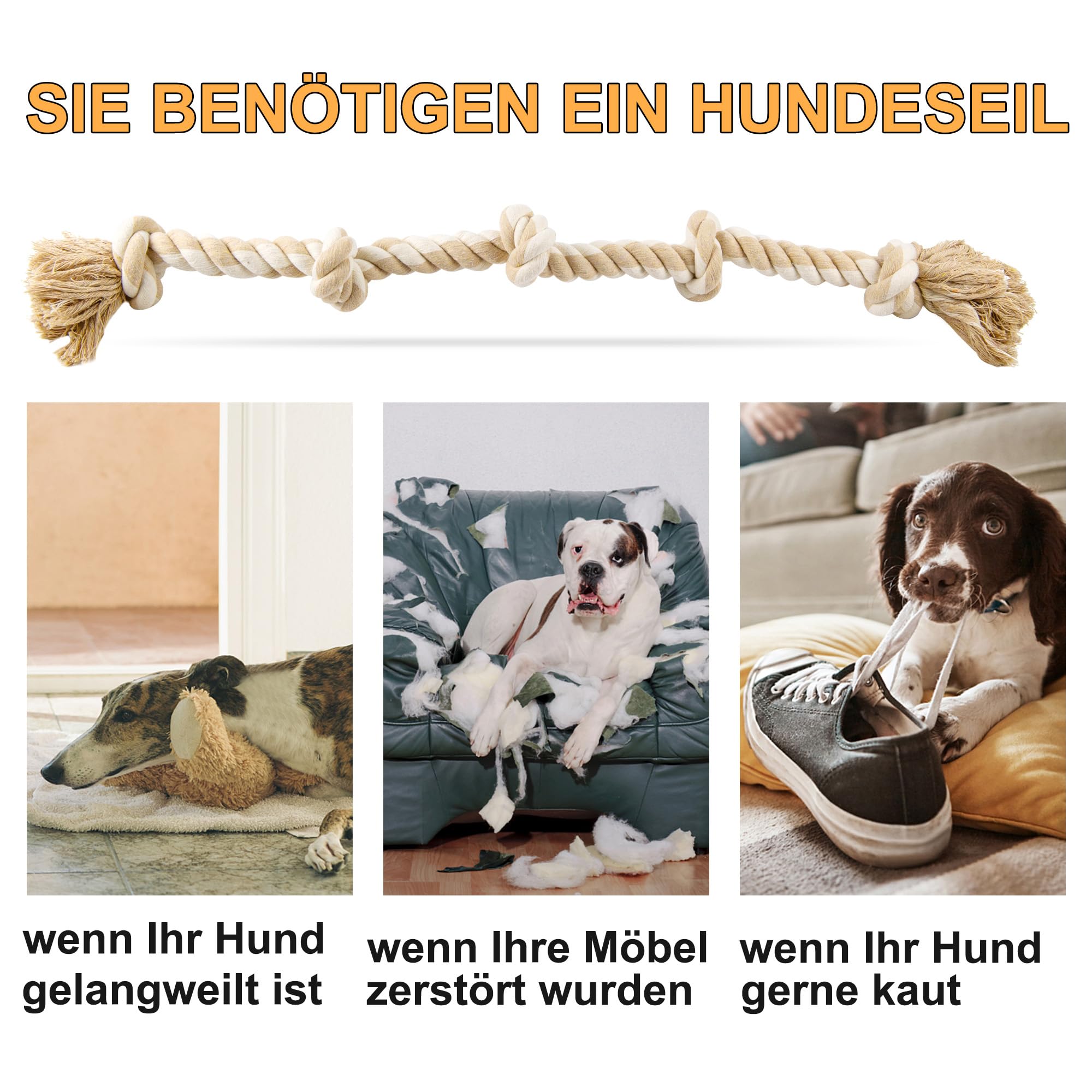 Fida Hundespielzeug aus Seil für aggressive Kauer, interaktives, robustes Hundespielzeug für mittelgroße und große Hunde, robustes gedrehtes Seilspielzeug mit 5 Knoten 4