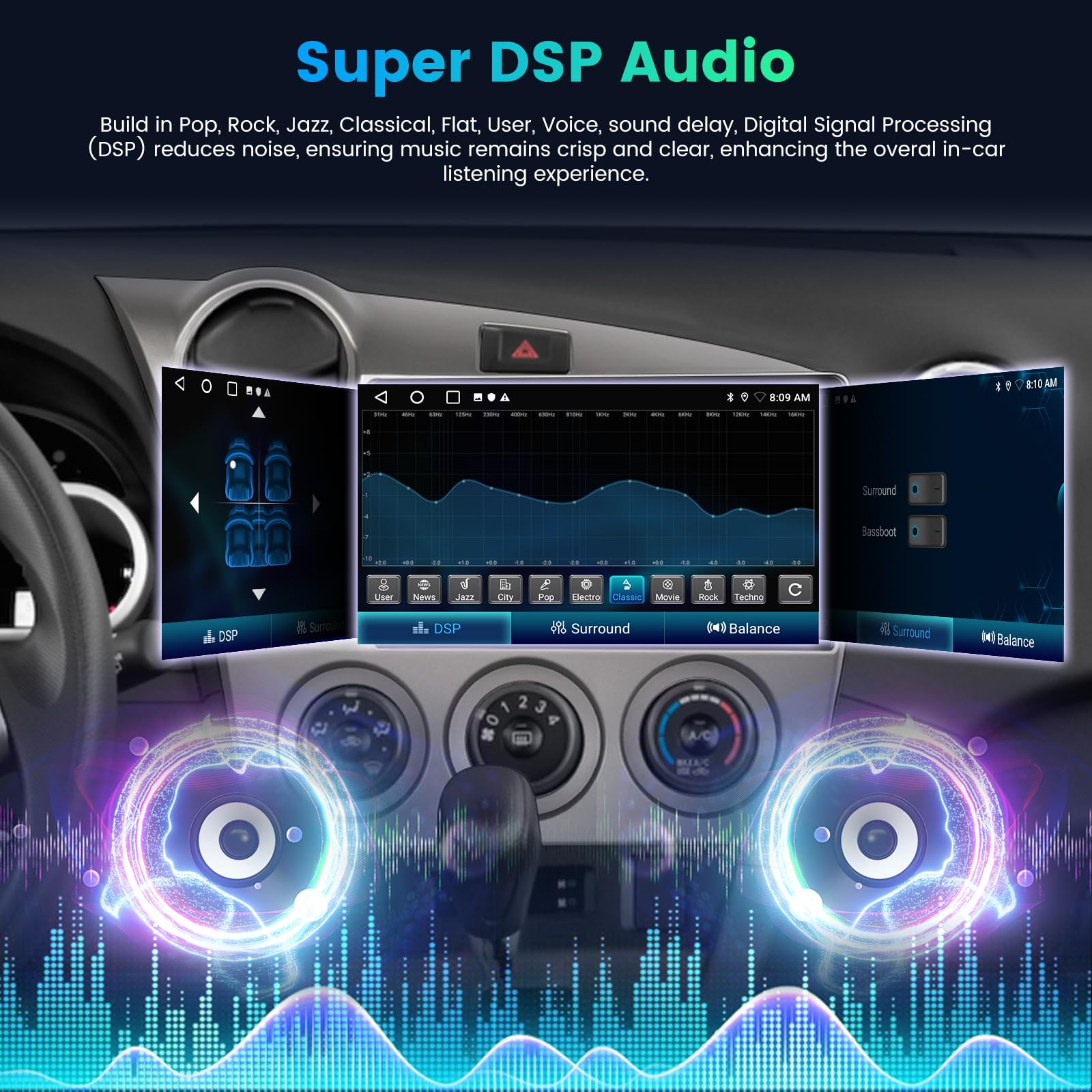 [2+64G] Android Car Stereo for Toyota Matrix 2009-2014, 9 inch HD Touchscreen Aftermarket Radio - Wireless Carplay & Android Auto, WiFi, DSP, Mirror Link, FM/RDS Radio, SWC + AHD Backup Camera