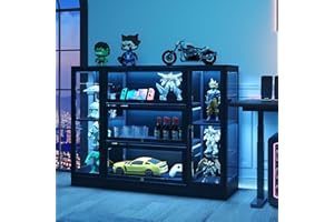 BONITURE Display Cabinet with Acrylic Glass Doors,Extra Wide Curio Cabinet with LED Lighting for Collectibles, Collectibles Toy Organizers Rack & Display Shelf Display Case, Black