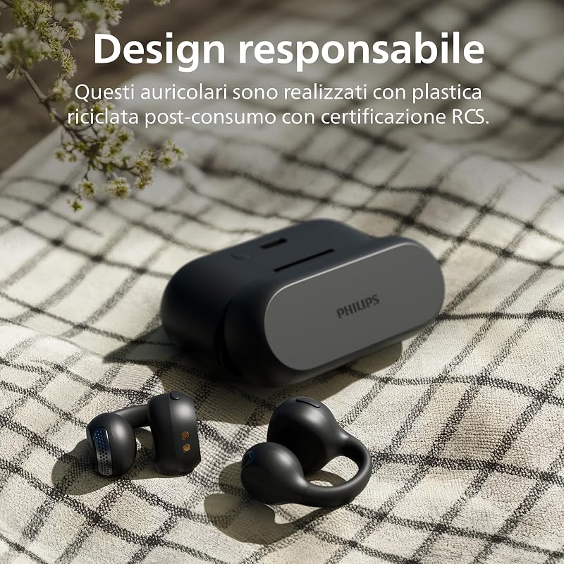 TAQ2000BK auricolari ear-cuff True Wireless open-ear Multipoint Bluetooth - 28 ore di riproduzione, Ricarica tascabile, Chiamate chiare per spostamenti ed allenamento - Nero