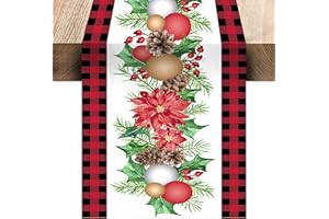 FETIWILSO 𝐎𝐔𝐓𝐋𝐄𝐓𝐒 Christmas Ball Table Runner, Buffalo Checkered Plaid Poinsettia Flower Pine Cone Table Runner, Winter Holiday Kitchen Dining Table Decoration for Indoor Outdoor Home Party Decor 13x72″