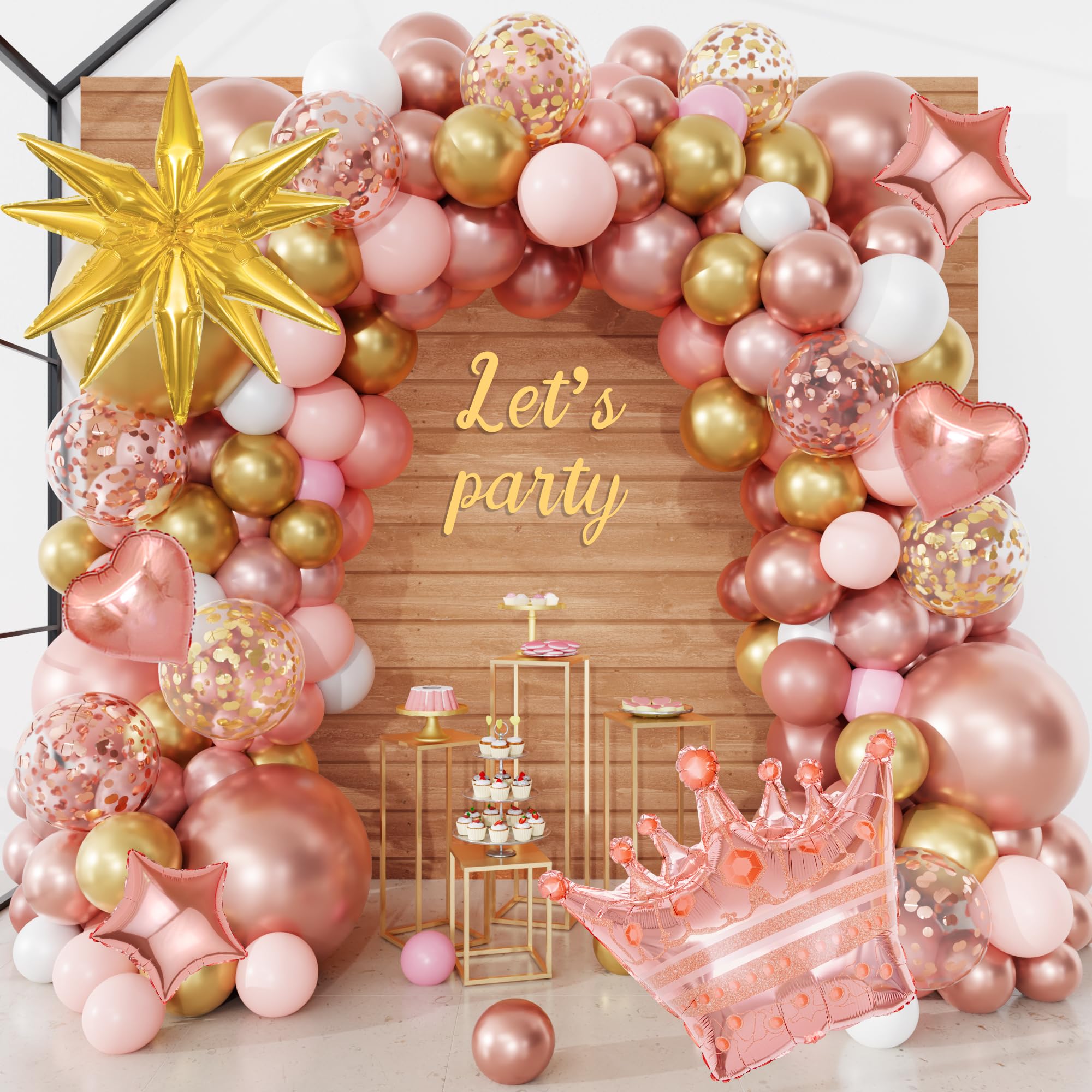Photo 1 of 154Pcs Rose Gold Balloons Arch Garland Kit, Bachelorette Pink and Gold Confetti Balloons with Star Heart for Women Girls Birthday Wedding Bridal Baby Shower Mother's Day Party Decorations