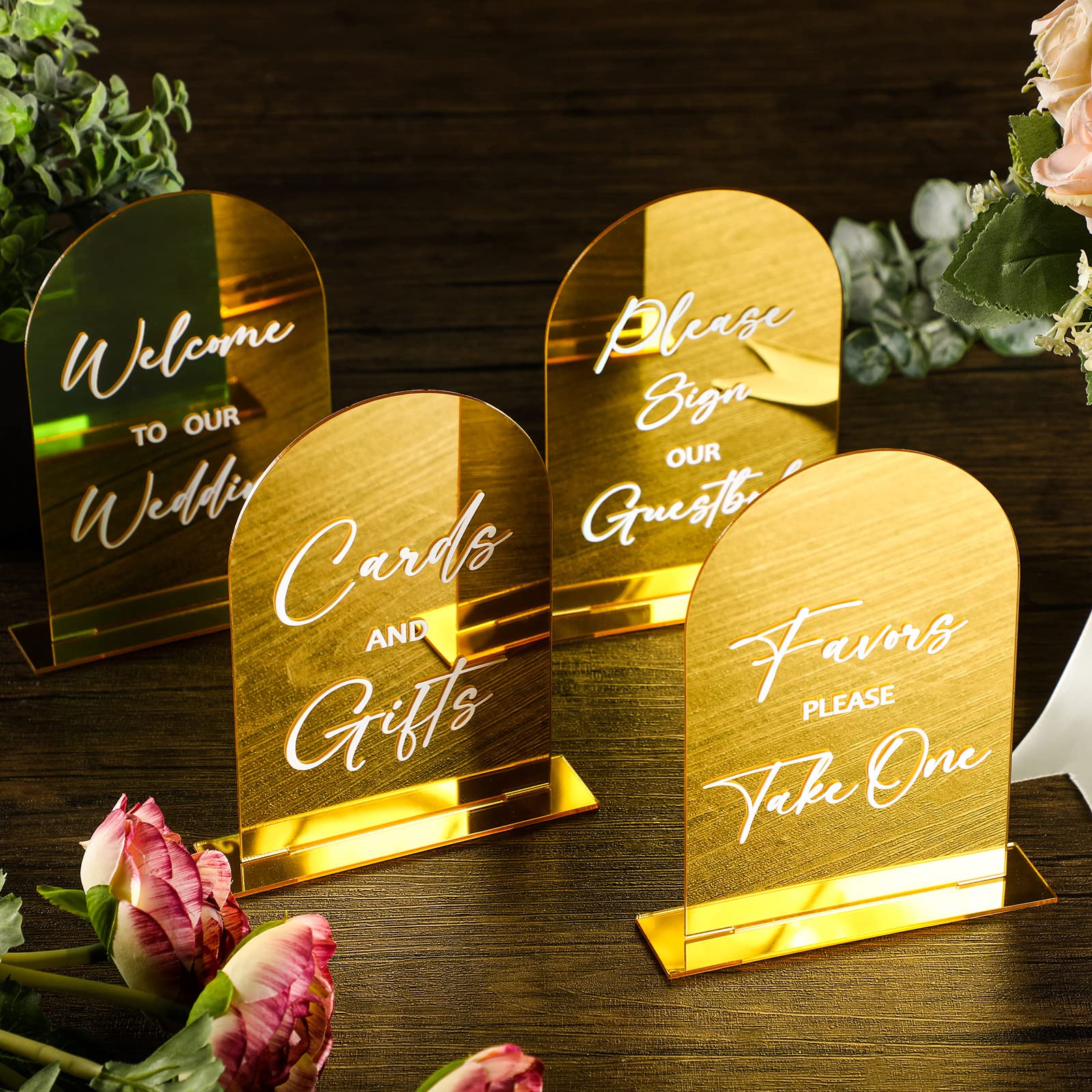 Photo 1 of Woanger 4 Pcs Arch Acrylic Wedding Signs for Reception with Stand Gold Wedding Welcome Signs Gifts and Cards with Holder Arched Round Top 4'' x 6'' for Tables