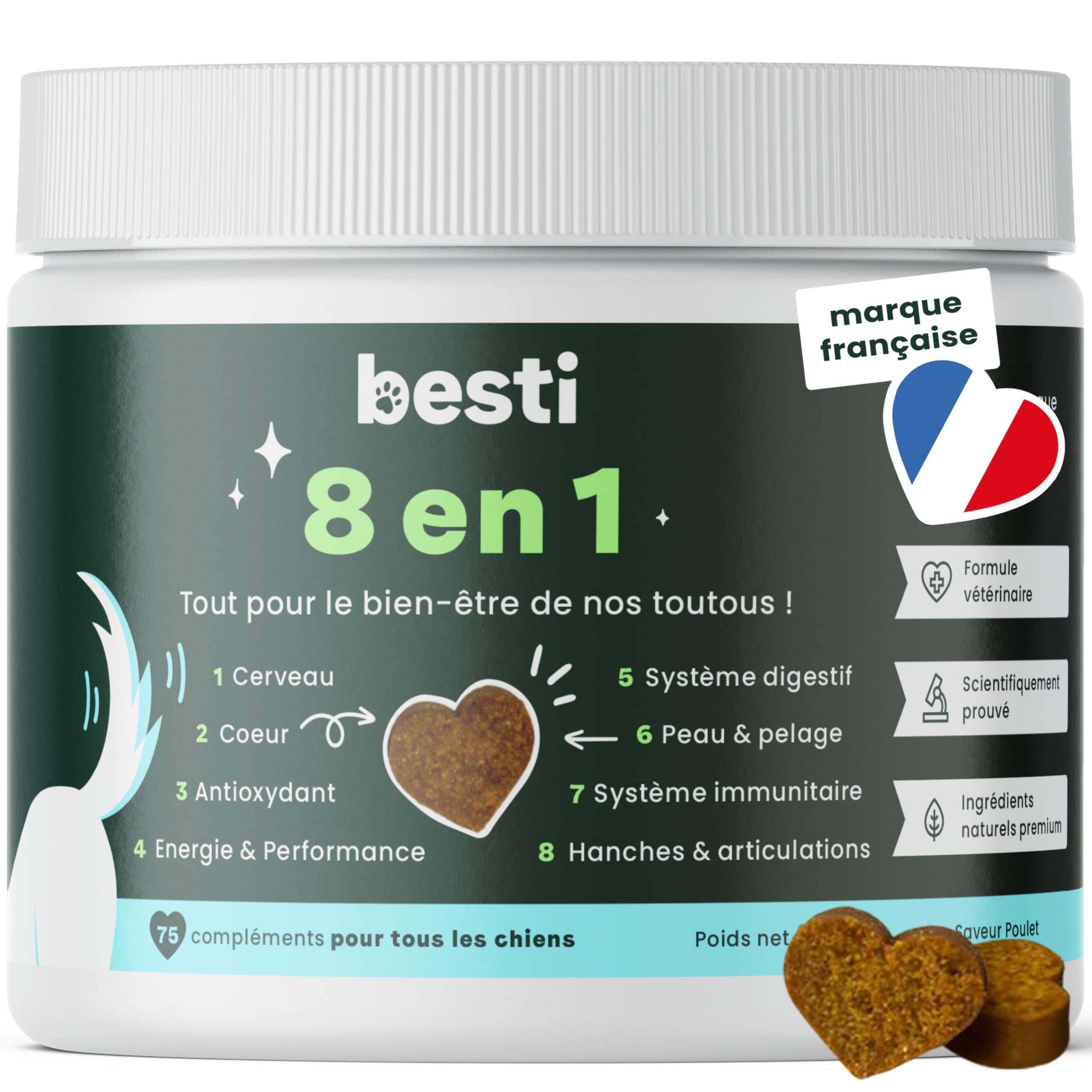 BESTI - 8 en 1 | 75 Compléments Alimentaires Premium Multi-VIT pour Chiens | Vitalité, Probiotiques, Articulations, Pelage, Coeur, Cerveau | Marque Française - Formule Vétérinaire | Au Poulet | 300gr