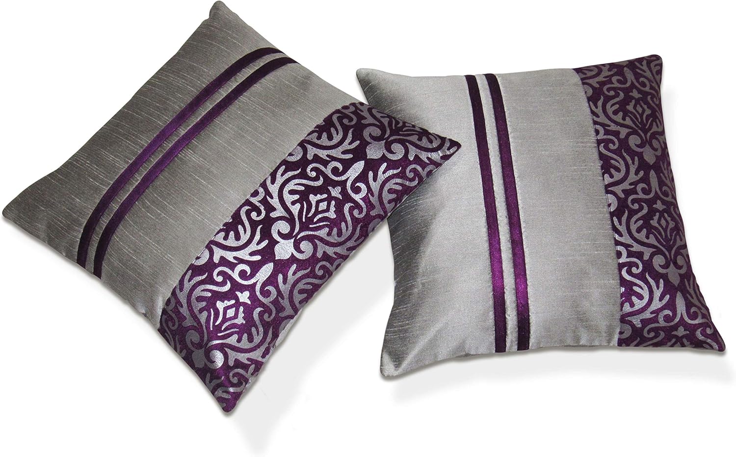 Buy Hemden Striped Silver & Purple Set of 2 Dupion Silk Cushion Covers
