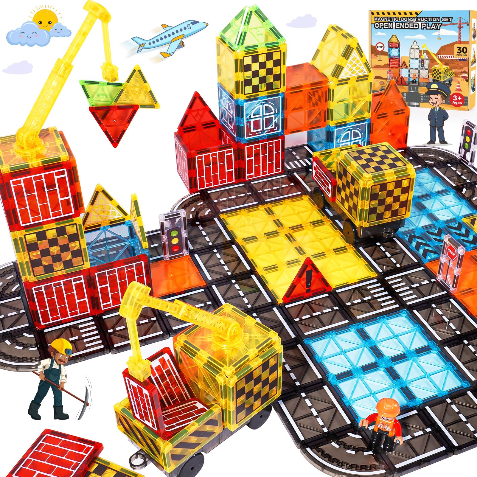 Photo 1 of Magnetic Tiles Kids Construction Toys - Road Set with Magnet Crane for Boys Age 3-5 4-8 8-10, Magnet Building Blocks Expansion Pack Toy Car Track Train Set, Road, Dolls, Traffic Lights and Stations