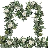 2 Pack 13Ft Artificial Spring Eucalyptus Flower Garland with White Roses, Fake Flower Greenery Floral Green Garland Vines for Wedding Arch Table Runner Backdrop Mantle Home Decorations (White)