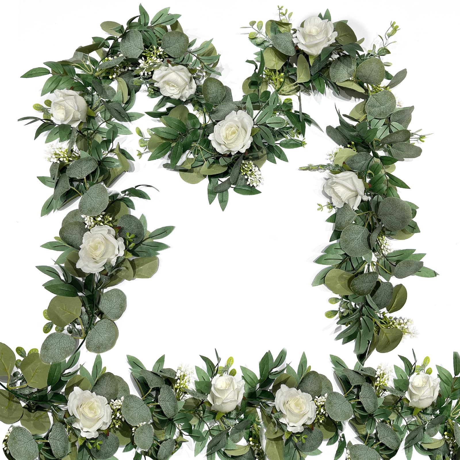 Photo 1 of 2 Pack 13Ft Artificial Eucalyptus Flower Garland with White Roses, Fake Rose Flower Greenery Garland Floral Vines for Wedding Home Party Table Runner Decor (White)