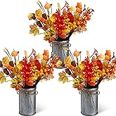 Zeyune 3 Sets Fall Thanksgiving Table Centerpiece Decoration Harvest Artificial Flower Stem Pumpkin Maple Berry Pick with Metal Pot for Autumn Rustic Farmhouse Home Kitchen Dining Indoor Decoration