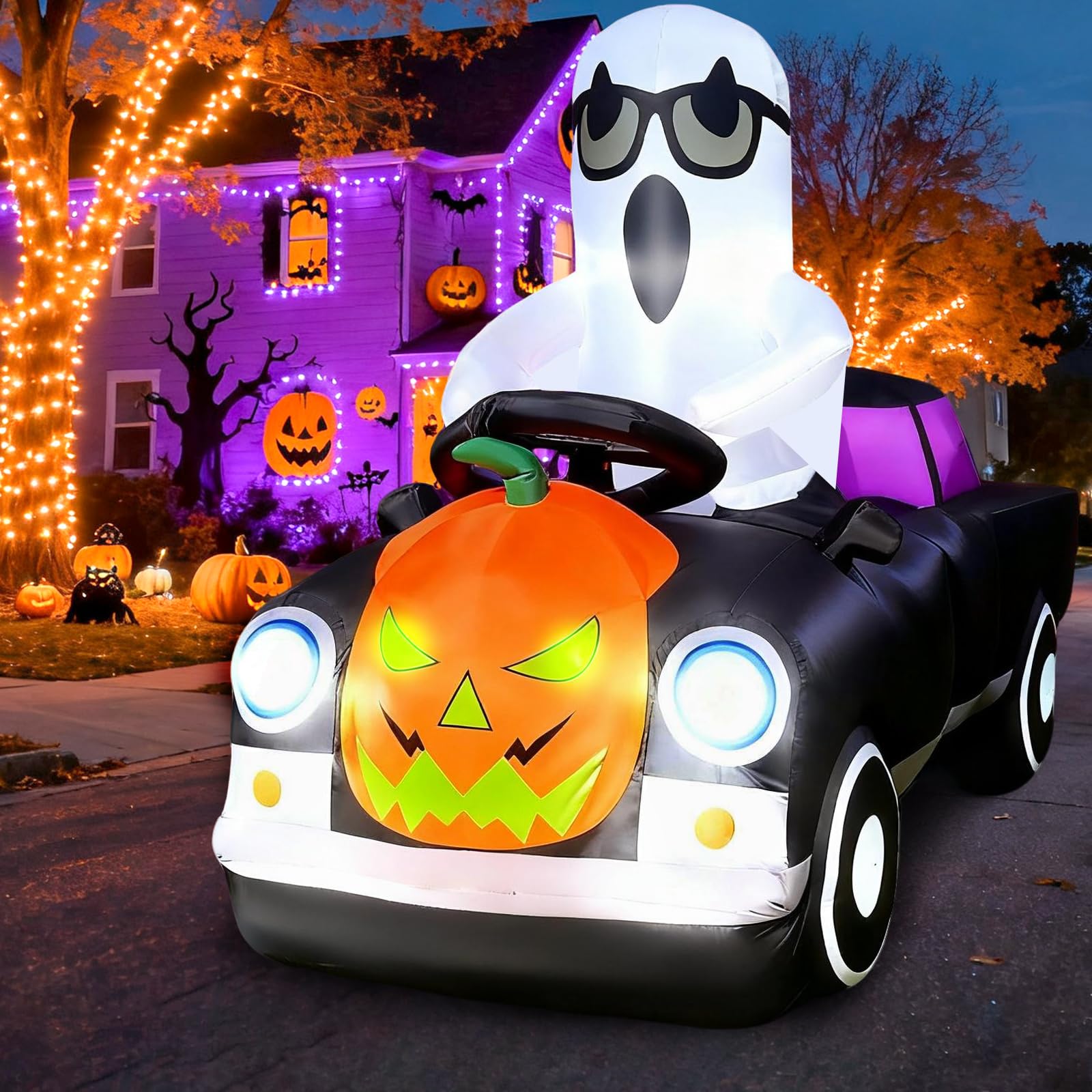 Photo 1 of 2025 Halloween Inflatables Monster Truck 8FT Long Ghost Driving a Pumpkin Car Inflatable Decor Outdoor with Build-in 12 Lights Car Blow Up Yard Decorations Cute Ghost Car BlowUp for Party Garden Lawn
