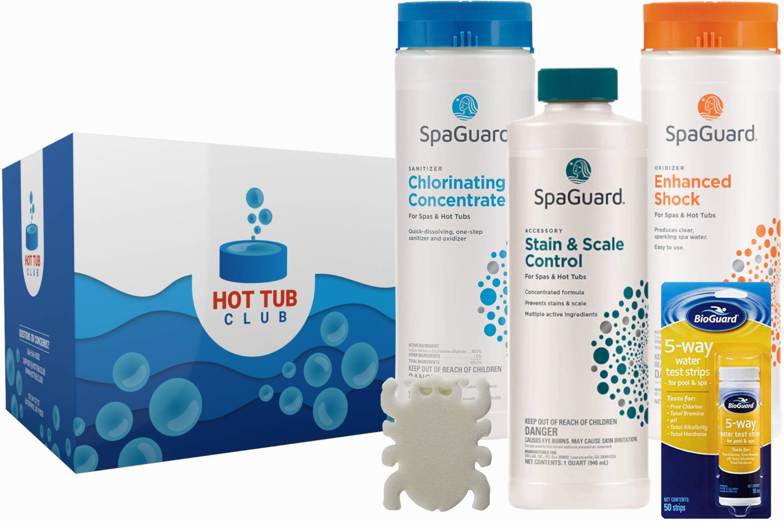 Standard Hot Tub Chemical Bundle with SpaGuard Chlorine, Enhanced Shock, Stain and Scale Control, Test Strips, LeisureQuip Scum Absorber